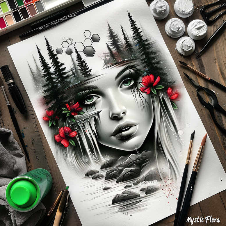 Face portrait in black and grey with forest silhouettes, red flowers, water, and rocks; hexagonal pattern accents; AI-generated tattoo project; cover-up-ready.