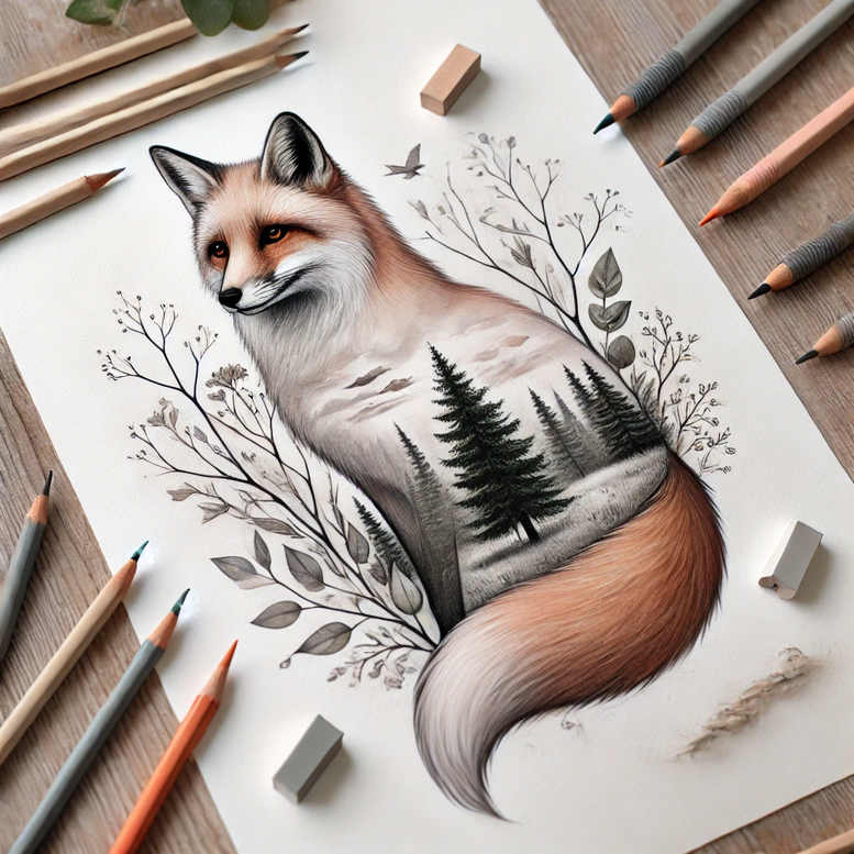 Fox portrait in orange and white with grey forest elements, including trees, branches, and a bird; black and grey shading; tattoo project idea; suitable for cover-up.