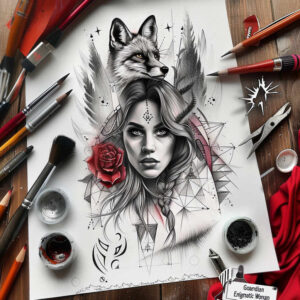 A black and grey tattoo concept on white paper featuring a woman's face, a fox on her head, a red rose, and geometric shards; AI-generated tattoo project; suitable for cover-up.
