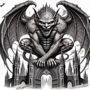 Gargoyle, cathedral arch, and wings; black and grey; cover-up project; tattoo design idea with pattern-inspired details.