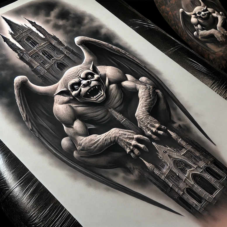 Black and grey gargoyle with wings holding a blade beside a Gothic cathedral amid stormy clouds; a cover-up-ready tattoo concept.