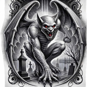 Gargoyle demon in a black and grey circle frame over a cemetery with tombstones and wrought-iron fence; a tattoo project idea, cover-up suitable.