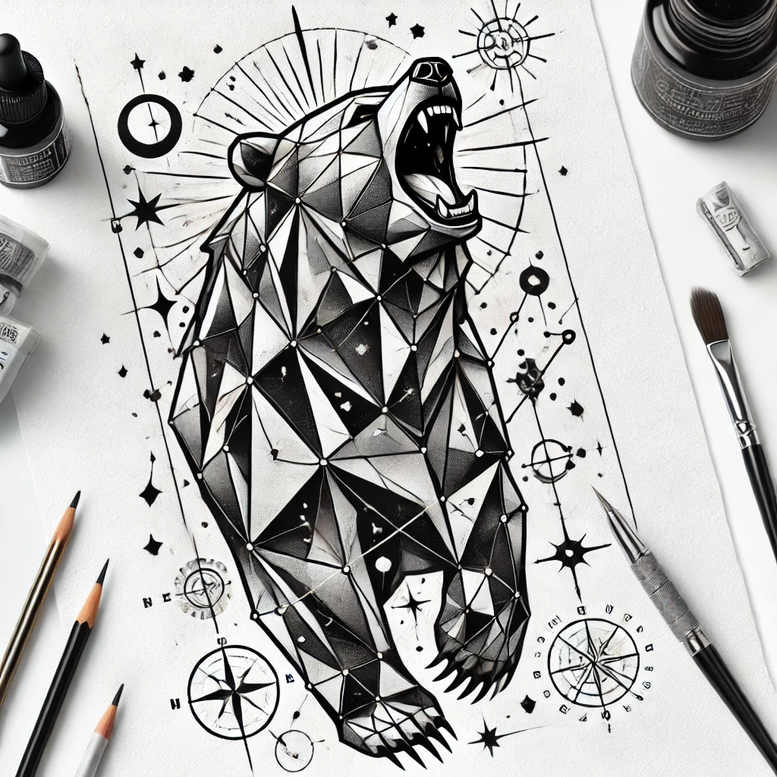Bear made of black and grey geometric facets with compass-like circles and star motifs; tattoo project idea in black and grey, suitable for cover-up.