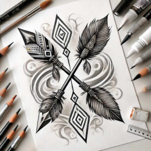 Crossed arrows with feathers and geometric diamonds in black and grey; tattoo design idea, project, suitable for a cover-up.