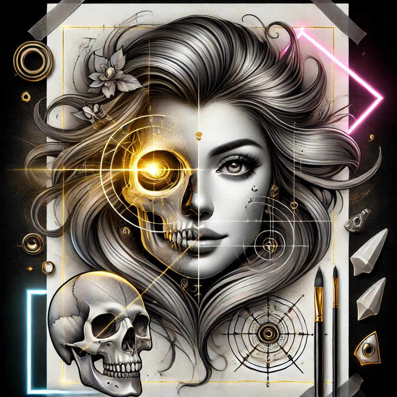 Black and grey tattoo project: a woman's face merged with a skull, flower, lines, and circles; AI-generated; cover-up ready.