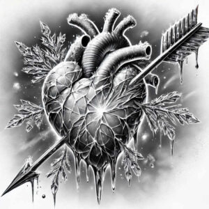 Geometric heart with arrow pierced through, surrounded by leaves in black and grey; AI-generated tattoo project; suitable for cover-up.