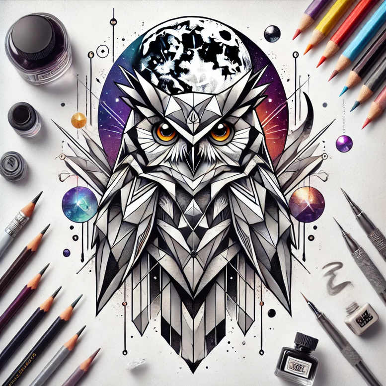 Owl built from geometric shards with orange eyes, set against a circular gradient backdrop; surrounded by ink bottles, pencils, and pens in black and grey; AI-generated tattoo concept.