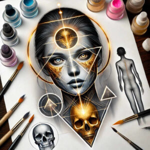 Portrait of a woman in black and grey with gold geometric lines, halo circle, triangles, skull motif, and a right-side silhouette; AI-generated tattoo project; suitable as a cover-up.