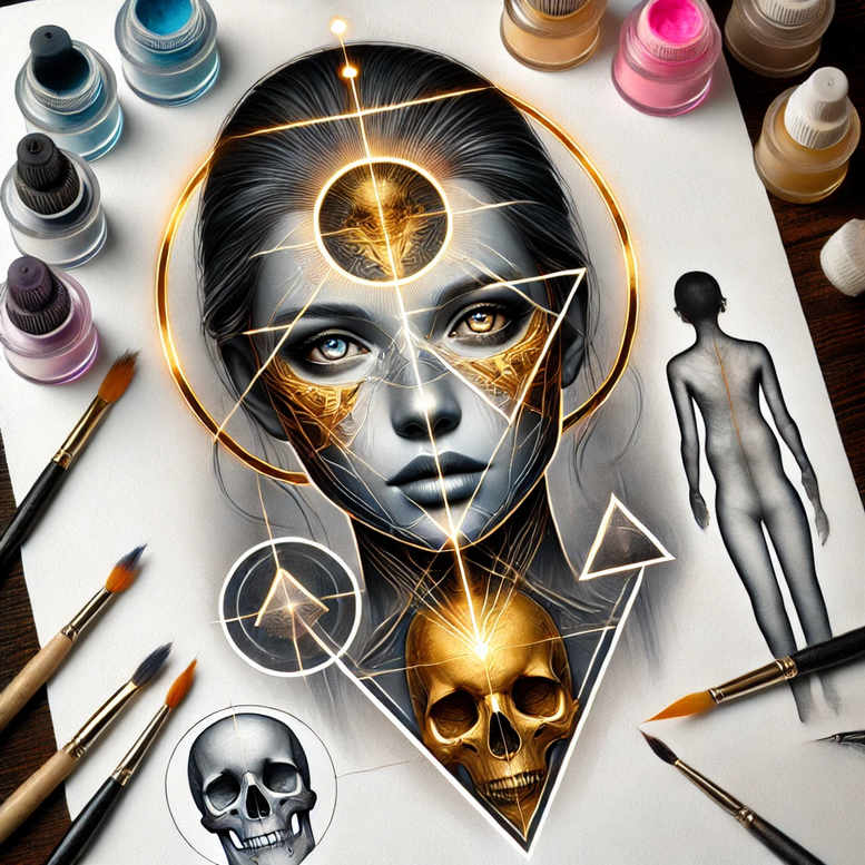 Black and grey tattoo design featuring a woman's face, skull, circular ring with triangles, and a standing silhouette on paper with art supplies nearby; AI-generated tattoo project, suitable for cover-up.