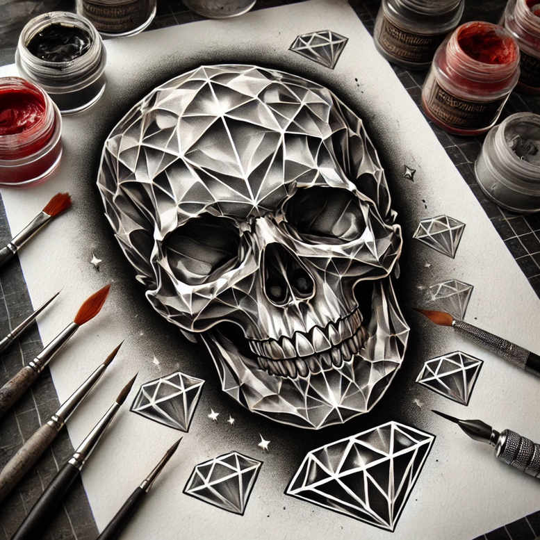 Skull on grayscale sheet with geometric facets and diamond pattern, brushes, and paper; black and grey tattoo project, cover-up.