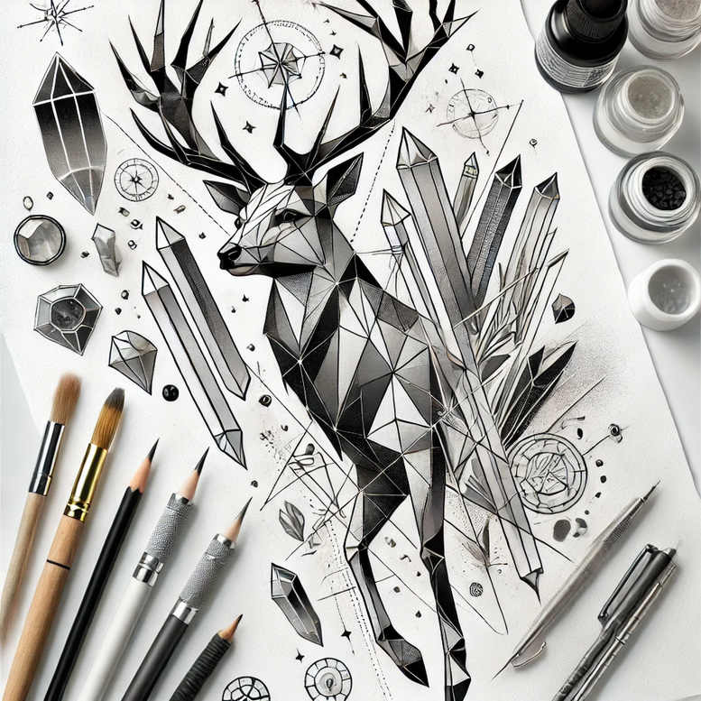 Black and grey geometric deer with crystal shards and antlers; pencils and brushes visible; tattoo project idea; suitable for cover-up.