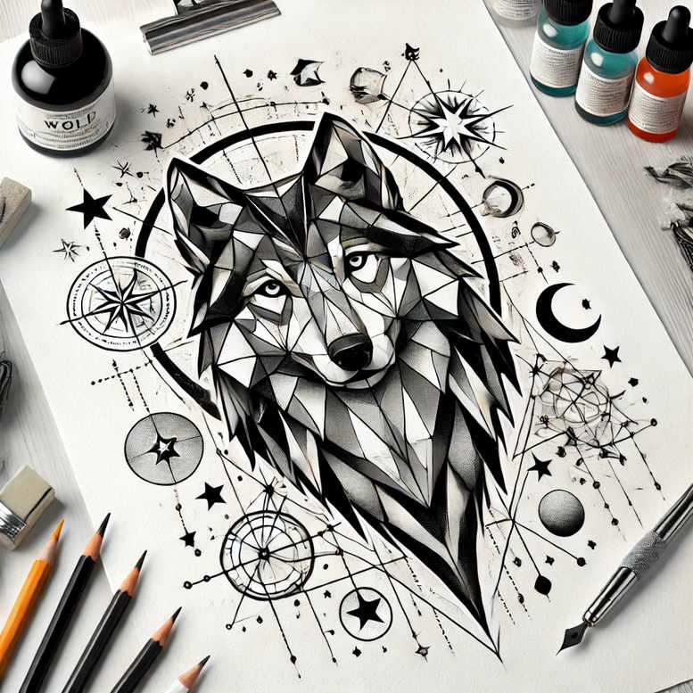 Black-and-grey geometric wolf head with compass circle, stars, crescent moon, and lines on white paper; project idea; suitable for a cover-up.