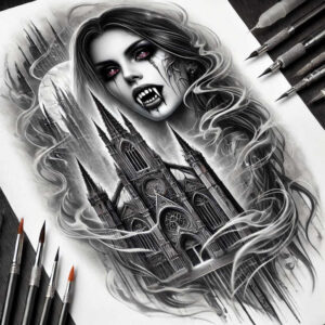 Black and grey tattoo design showing cathedral, vampire woman, fangs, flowing hair, and pencils; project idea; cover-up suitable.