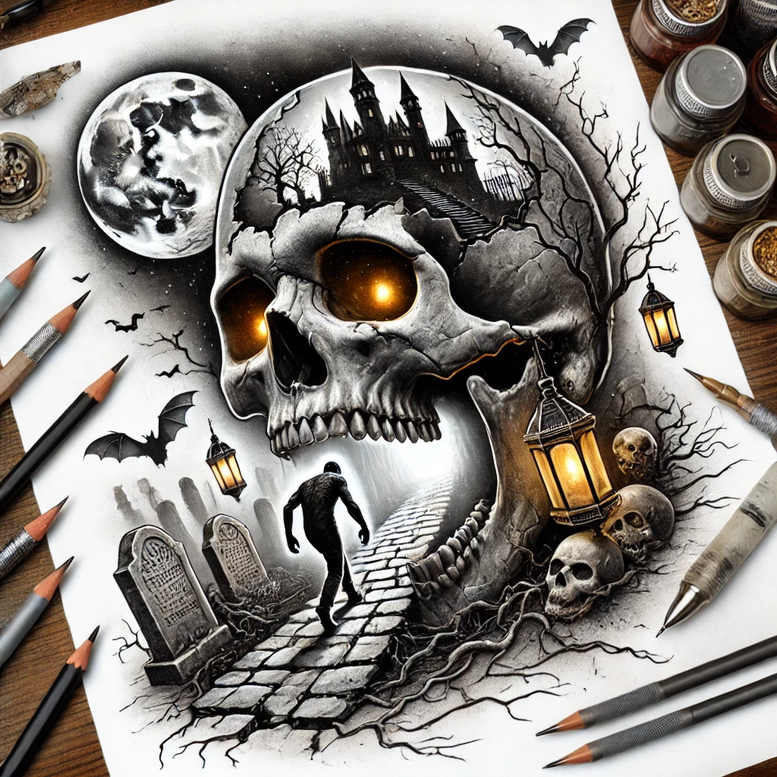 Black and grey with orange accents; visible elements: skull, castle, moon, bat, lantern, gravestone, path, tree, man; AI-generated tattoo project, suitable for a cover-up.