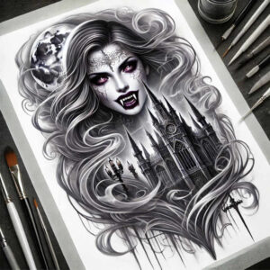 Vampire woman in black and grey with flowing hair, lace forehead motif, cathedral silhouette, lamp, and moon in background; a tattoo project idea, suitable for cover-up.