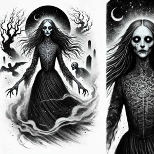 Gothic woman in a black dress with lace chest tattoo in black and grey; moon, bare trees, skeleton, raven, mist, and tombstones in the background; AI-generated tattoo project for cover-up.