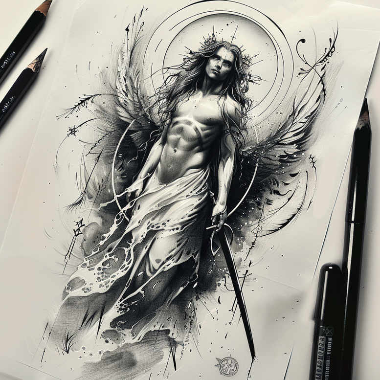 Winged Zorya-inspired female figure stands with a long staff, surrounded by ink splashes in black and grey; project concept for a cover-up tattoo.