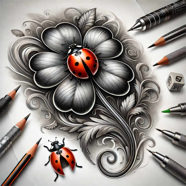 Flower in black and grey with red ladybugs, pencils, and a die; project idea; suitable for cover-up.