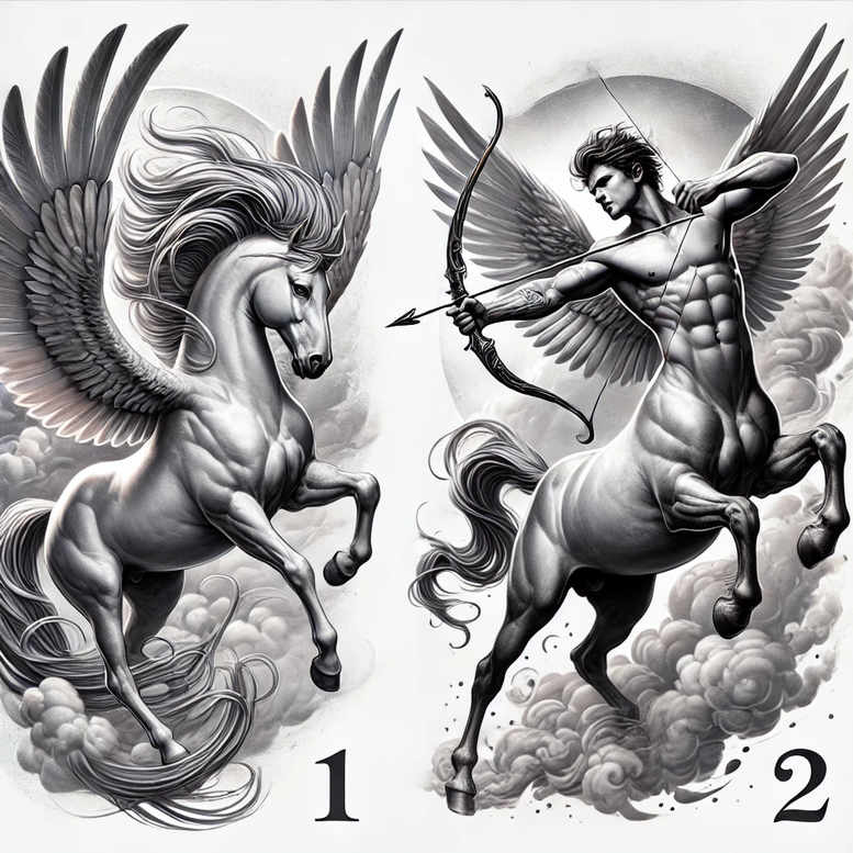 Two grayscale winged horses (pegasus) rearing with an archer on the right, clouds below; black and grey; project; not primarily for cover-up.