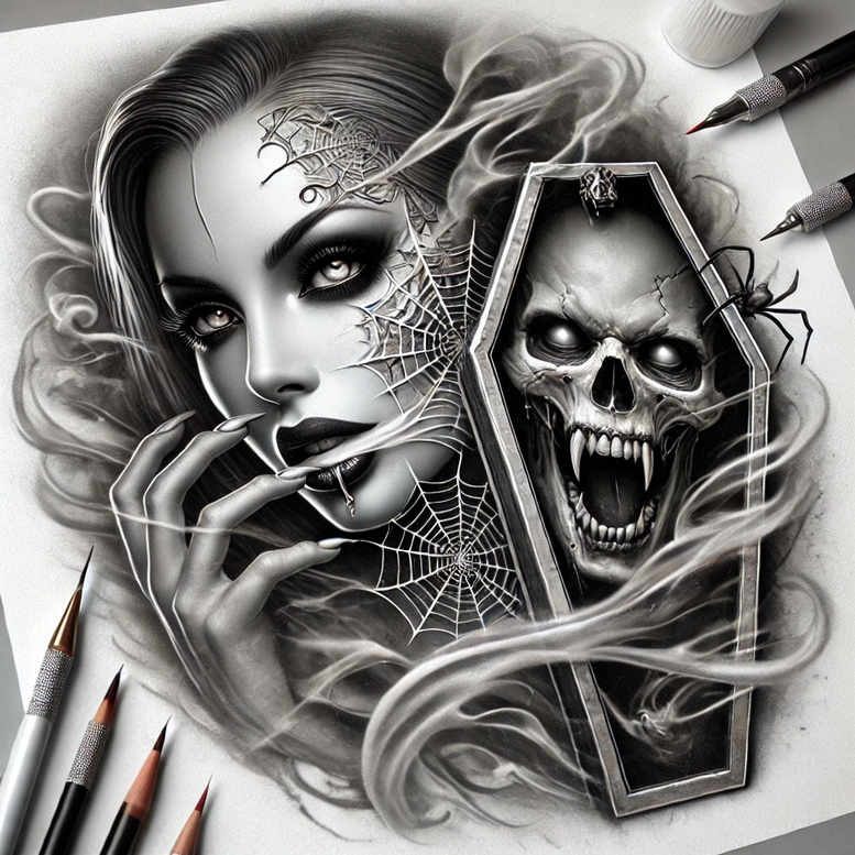 Black and grey tattoo design: woman's face, skull, coffin-frame, spider webs, smoke, and pencil tips; AI-generated tattoo project; ideal for a cover-up.