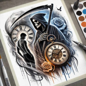 Dark black and grey tattoo with gold watch highlights, hooded skeleton, side-profile man, and blue and orange roses; AI-generated tattoo project; ideal for cover-up.