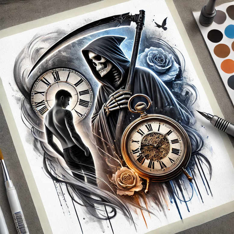 death-figure – tattoo design ideas free ai generated – neotraditional-rich-shading – for-temple – Gallery: grim-reaper-inkby-ai