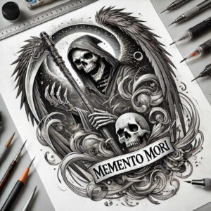 death-portrait – tattoo design ideas free ai generated – neotraditional-artistic-shading – for-lower-chest – Gallery: grim-reaper-inkby-ai