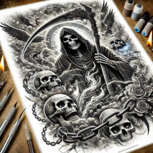 death-portrait – tattoo design ideas free ai generated – realism-micro-realism – for-hip – Gallery: grim-reaper-inkby-ai