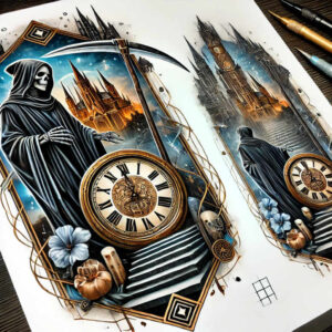 death-shadow – tattoo design ideas free ai generated – realism-minimal-grain – for-abdomen – Gallery: grim-reaper-inkby-ai