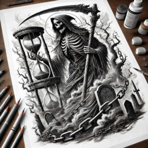 deaths-scythe – tattoo design ideas free ai generated – neotraditional-vivid-detail – for-lower-arm – Gallery: grim-reaper-inkby-ai