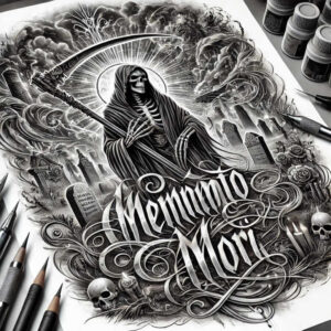 Grim reaper over tombstones and skulls, with roses and ornate black-and-grey swirls; 'Memento Mori' script visible; a cover-up tattoo project.