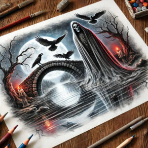 Grim Reaper in black and grey beside a moonlit stone bridge, with ravens, candles, water, and bare trees; tattoo design idea for cover-up.
