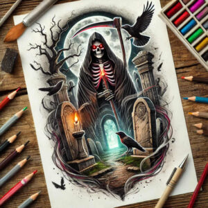 mystical-reaper – tattoo design ideas free ai generated – neotraditional-color-richness – for-spine – Gallery: grim-reaper-inkby-ai