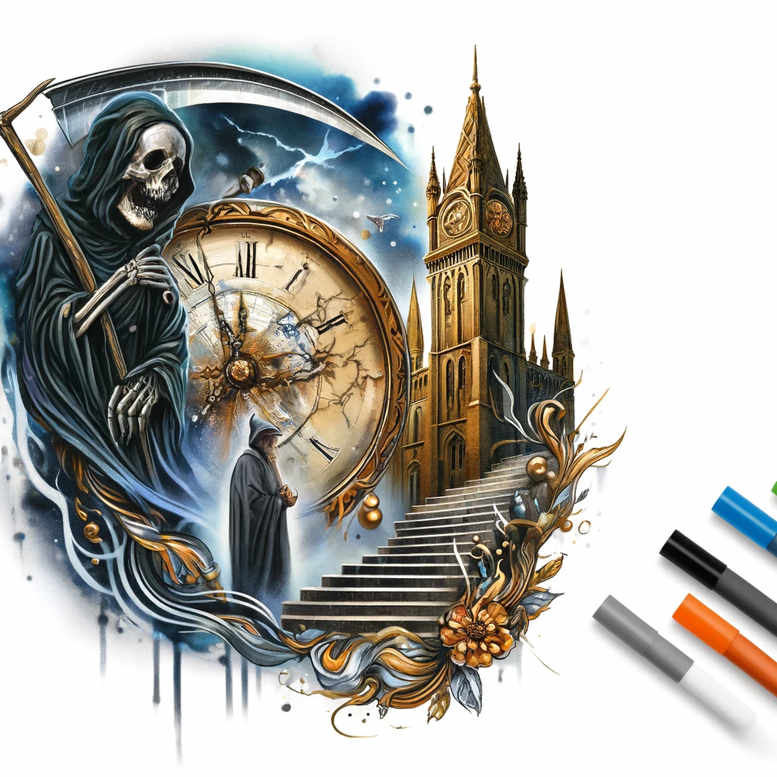 shadow-figure – tattoo design ideas free ai generated – neotraditional-vivid-detail – for-knee – Gallery: grim-reaper-inkby-ai