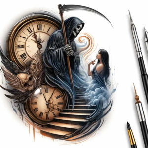 shadow-figure – tattoo design ideas free ai generated – surrealism-morphic – for-lower-leg – Gallery: grim-reaper-inkby-ai