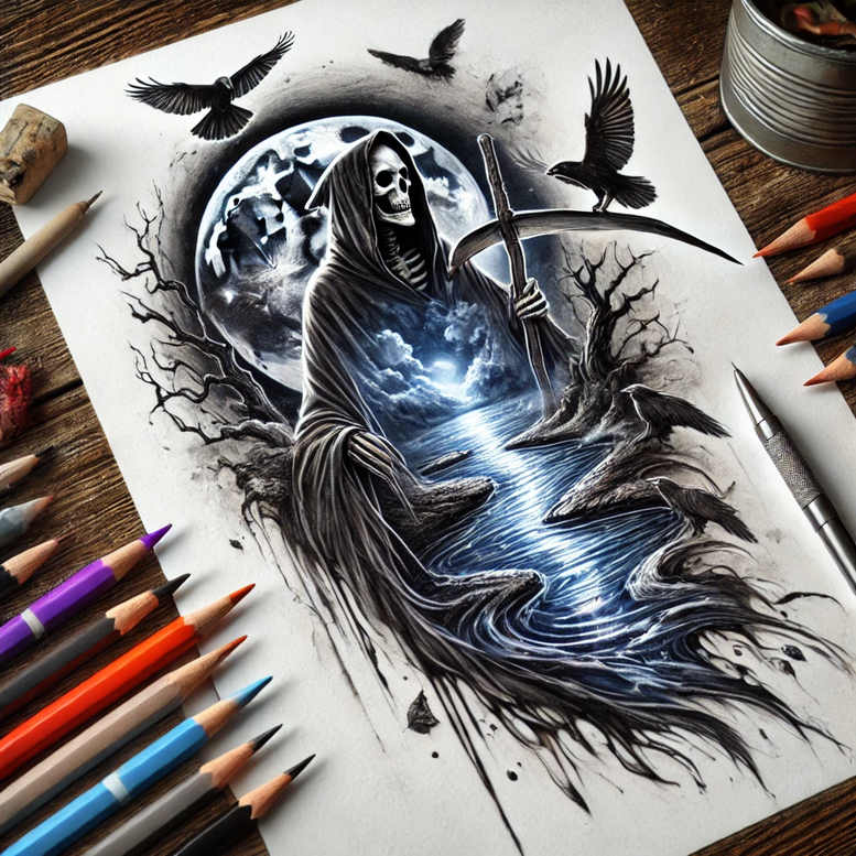 Grim Reaper with scythe, full moon, ravens, bare trees, water and waves; black and grey; AI-generated tattoo project; cover-up-ready.