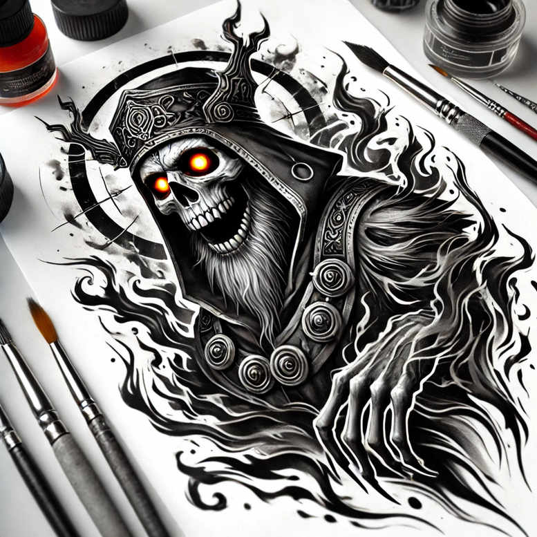 Skull, hood, necklace, robe, skeletal hand, and flame in black and grey with glowing orange eyes — tattoo project, perfect cover-up.