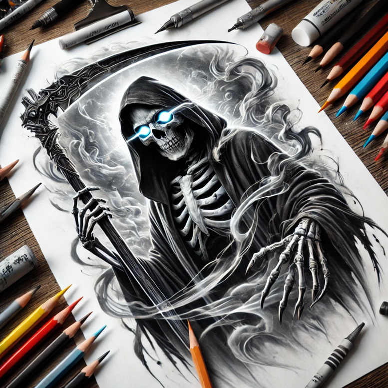 grim-reaper tattoo design ideas Realism blended gradients shadow play for shin