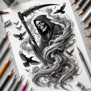 grim-reaper tattoo design ideas Neotraditional balanced tones skull for sternum