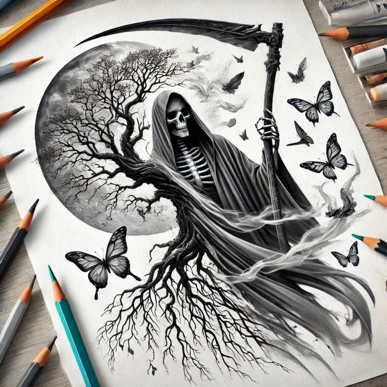Grim reaper in black and grey cloak standing beside a gnarled tree and a full moon, with butterflies; project idea, suitable for a cover-up.