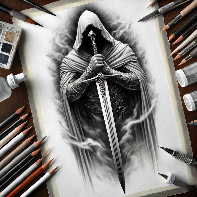 Grim reaper holding a sword in black and grey ink, tattoo design on paper with drawing pencils; cover-up-ready concept.
