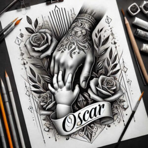 Two hands, adult and child, in black and grey shading with roses and leaves, banner Oscar, AI-generated tattoo project; cover-up ready.