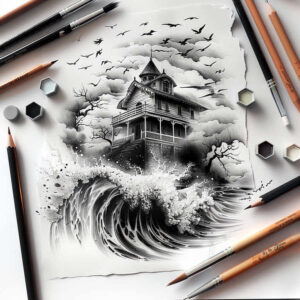 House, waves, bare tree, clouds, and birds in black and grey; a pencil-style haunted house tattoo design concept, cover-up-ready.