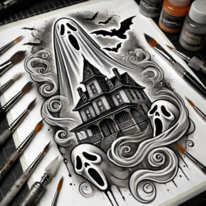 Black and grey tattoo concept featuring a haunted house with swirling smoke, ghost faces, and a bat silhouette; a project idea suitable for a cover-up.