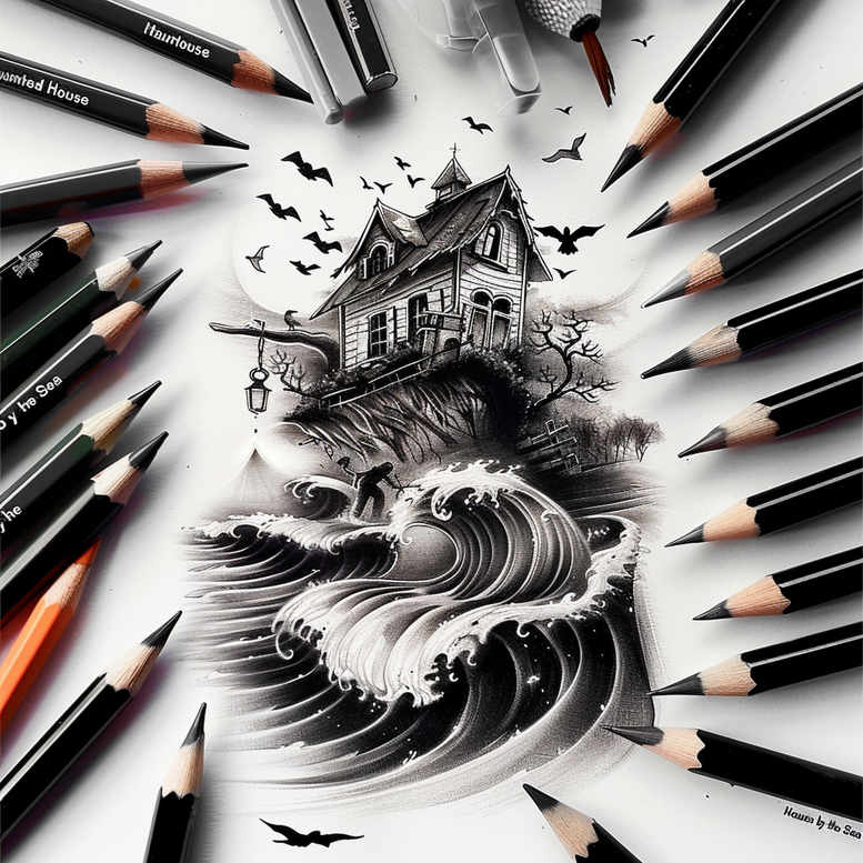 House on a cliff, waves, tree, and birds in black and grey; AI-generated tattoo project; suitable for cover-up.