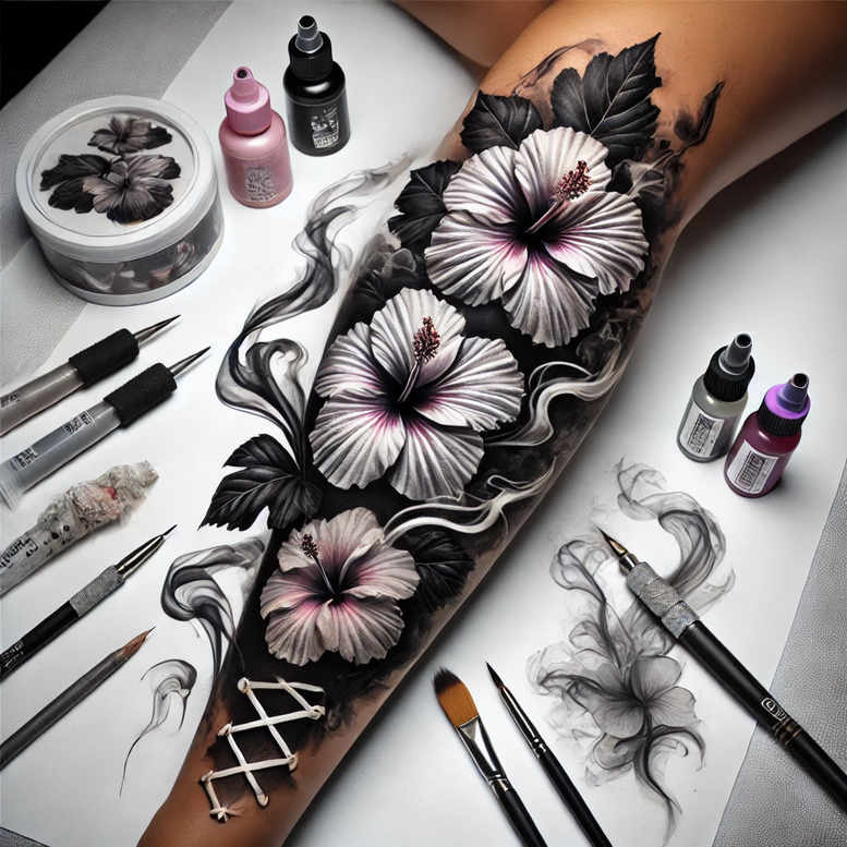 Arm with hibiscus flowers and leaves in black and grey; pink highlights on petals; round container with floral lid, ink bottles, and drawing tools on a white workspace; tattoo project idea; cover-up suitable.