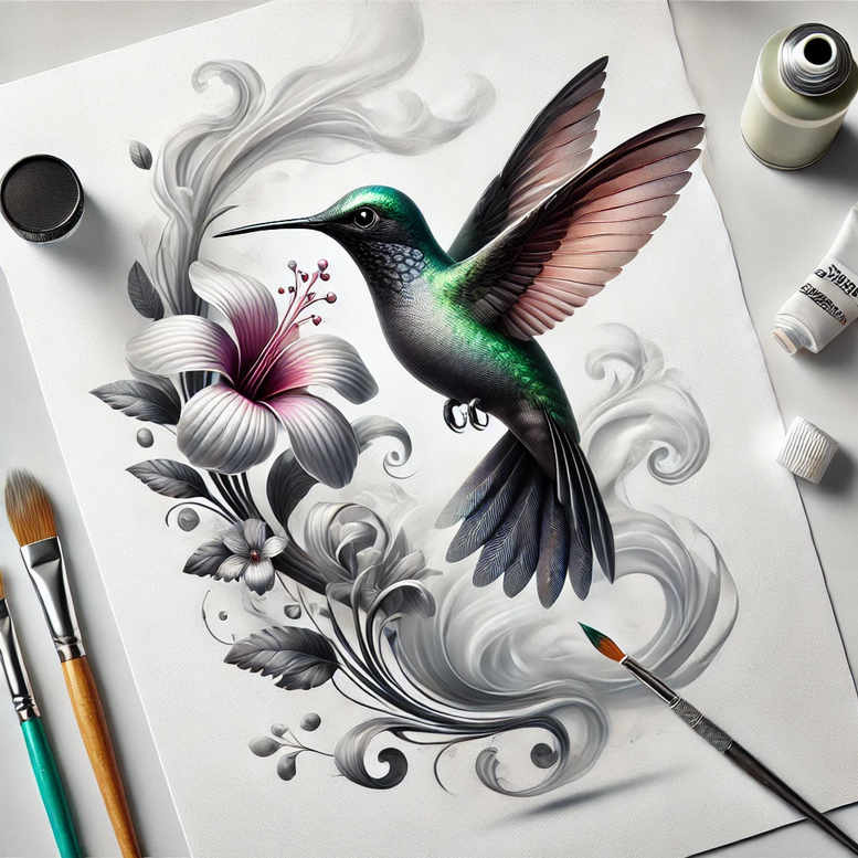 Hummingbird in green and teal with pink flowers and grey swirls on white paper; nearby brushes; tattoo design idea in color; cover-up potential: suitable.