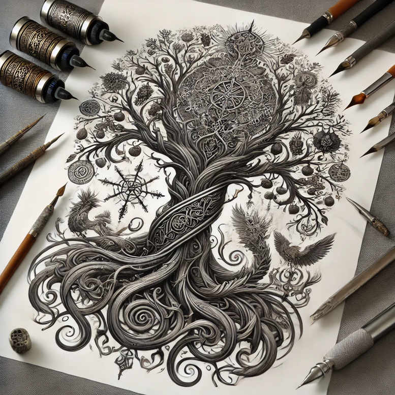 Black and grey tattoo concept of a Leshy-inspired tree of life with twisting trunk, roots, branches, and orbs; concept sketch, AI-generated, cover-up ready.