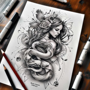 Black and grey illustration of a woman with a snake wrapped around her, and a rose in her hair; fine line tattoo study, cover-up-ready project.