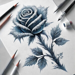 Blue-toned frosted rose with leaves on white paper, surrounded by pencils and a pen; black and grey ink sketch; AI-generated tattoo project.